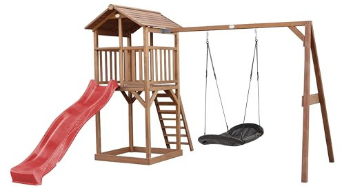 AXI Beach Tower Aire de Jeux avec Toboggan en Rouge, Balançoire Nid d'oiseau Noir & Bac à Sable | Grande Maison Enfant extérieur en Marron | Cabane de Jeu en Bois FSC