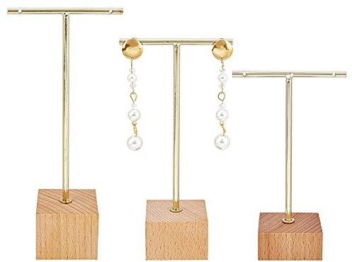 FINGERINSPIRE Soporte de exhibición de aretes de barra en T de metal dorado de 3 piezas con base de madera Soportes para joyas Organizador de joyas colgantes 【Base cuadrada dorada de 3 alturas】