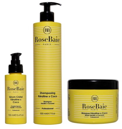 ROSEBAIE | Sérum Coco et Kératine | Nutrition et Hydratation | Cheveux abîmés et secs | Shampoing 500ml Masque 500ml Sérum 100ml