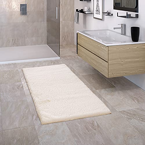Paco Home Badezimmerteppich Badematte Badteppich Badvorleger Duschvorleger Shaggy rutschfest Flauschig Waschbar Einfarbiges Muster, Grösse:70x120 cm, Farbe:Creme