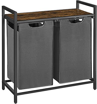 VASAGLE Wäschekorb 2 Fächer, Wäschesammler mit Ablage, Wäschebox, Wäschesack aus Oxford-Gewebe abnehmbar, Metallrahmen, 2 x 46 L, 73 x 33 x 72 cm, schiefergrau-vintagebraun BLH201G01