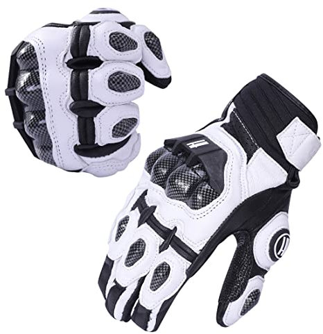 Harssidanzar Gants complets en Cuir véritable pour Hommes et Femmes pour Motos, équitation Protection des articulations des Sports motorisés KM046,Blanc Noir,Taille M