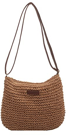 Korbtasche Crossbody Bag, Sommer Strandtasche Stroh Groß mit Reißverschluss, Stroh Handtasche Damen Umhängetasche, Handgemachte Gewebte Strohtasche mit Leder Schultergurt für Strand Reise Einkauf