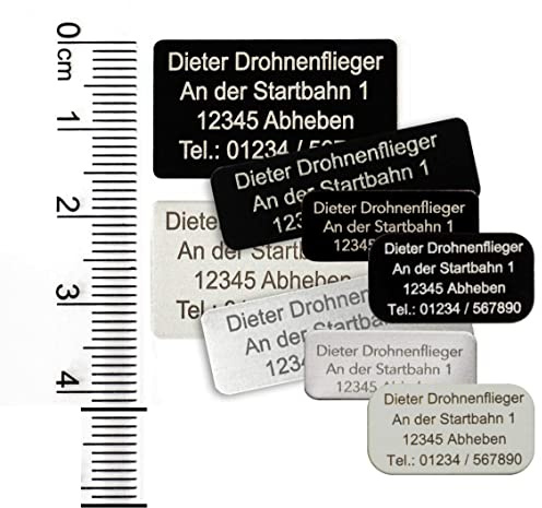 MJ Drohnen-Kennzeichen Sets, 3er-Set, 5er-Set oder 10er Set, mit Kontaktdaten und/oder seit 2021 geforderte e-ID, Alu eloxierte Plakette - selbstklebend (3er Set, Aluminium Schwarz 20x11mm)