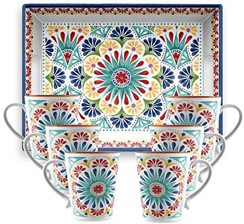 Rio Medallion - Outdoor/Picnic/BBQ - Plastic/Melamine Rectangular Serving Tray & Mugs Set for Six