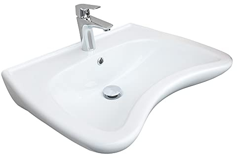 Belvit Barrierefreies Waschbecken 60 cm, Weiß, Wandmontage | Rollstuhlgerecht unterfahrbar, Mit Hahnloch und Überlauf, Sanitärkeramik, Maße 20,5 x 60,5 x 50 cm, Für altersgerechtes Bad