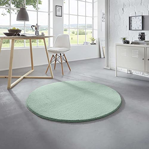 Taracarpet Waschbarer Flauschiger Uni Kurzflor Teppich, Anti-Rutsch, Felloptik, Super Soft Mint 120 cm rund