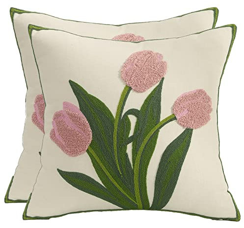 Tosleo Juego de 2 fundas de almohada bordadas de 18 x 18 pulgadas, diseño de flores de tulipán rosa, funda de cojín de lona de algodón, cuadrada, decoración floral para dormitorio, sofá, sala de estar