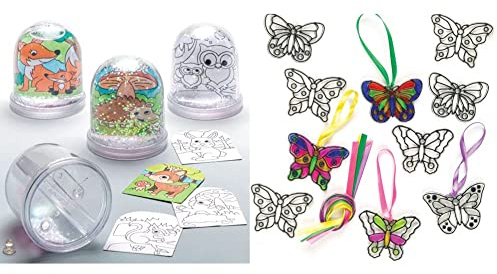 Baker Ross AR618 Woodland Animal Colour-in Snow Globes Value Pack — Creative Art and Craft Supplies for Kids to Make & ET815 Butterfly Mini Suncatcher Decorations For Kids Arts and Crafts