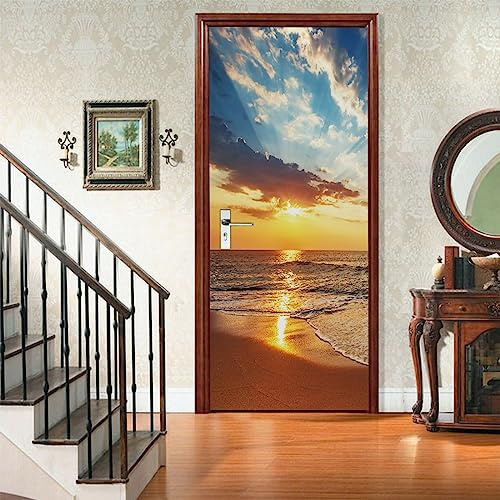A.Monamour Adesivo Porta Autoadesiva 3D Cloudscape Sopra Il Paesaggio Della Spiaggia Del Mare All'Alba Vinile PVC Adesivi per Porte Interne Pellicola Adesiva Poster Murale Parete 77x200cm