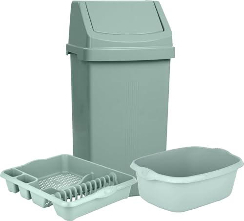 Sage Green 3 Piece Kitchen Set - 50L Kitchen Bin 14L Rectangular Washing Up Bowl and Large Dish Drainer For Home - Made in UK