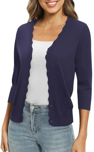 EXCHIC Donne 3/4 Manica Button Down Coprispalle Maglia Scollo a V Tinta Unita Elastico Leggero Cardigan per Vestito(L, Blu Navy)