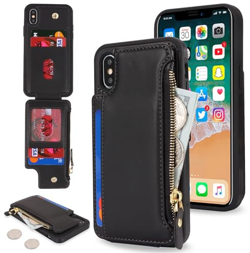 SailorTech Handyhülle für iPhone X/XS Etui mit Kartenfach, iPhone XS Hülle mit Kartenhalter, iPhone X Handyhülle mit Reißverschluss Geldbörse - Schwarz