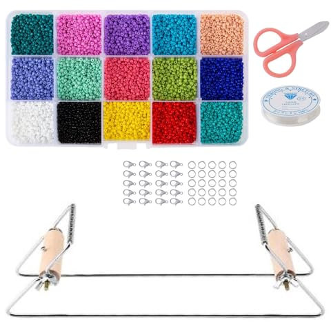 SagaSave Perlenwebrahmen Satz mit 15 Farben Perlen, Perlen Loom Webrahmen Perlenwebstuhl Kit Strickmaschine für DIY Handgemachte Schmuck Armbänder (Silber)