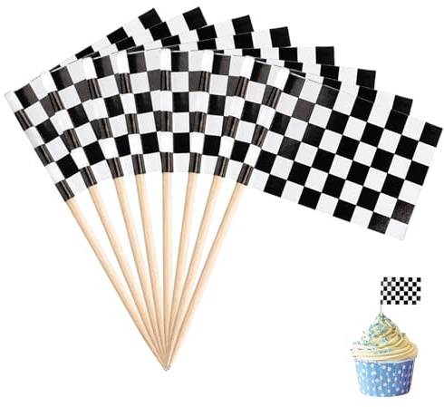 96 Stück Cupcake Toppers, schwarz-weiße Rennflaggen Zahnstocher Tortendeko | Aus Holz und Papier, beidseitig bedruckt. Geeignet für Cupcakes, Desserts, Snacks und Cocktails bei Geburtstagsfeiern