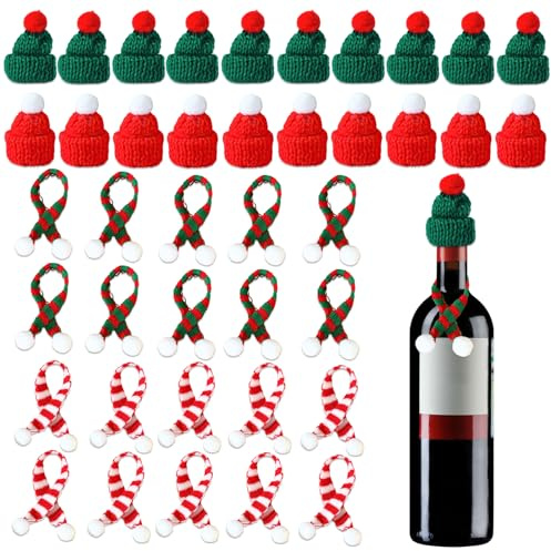 HFMYGS 40 Stück Mini Weihnachtsmütze und Schal Set, Finger Kleine Nikolausmützen, Mini Strickmützen für Weihnachtsfeier Dekor, Weinflasche Abdeckung Flaschendeko und Tischdeko