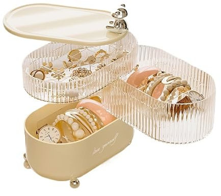 Schmuckaufbewahrung Organizer Schmuckkästchen Mädchen Schmuckkasten Damen Schmuckschatulle 4 Ebenen Drehbar Schmuckdose für Aufbewahrung für Ringe Ohrringe,Halsketten,HaargummisRing (Weiß)