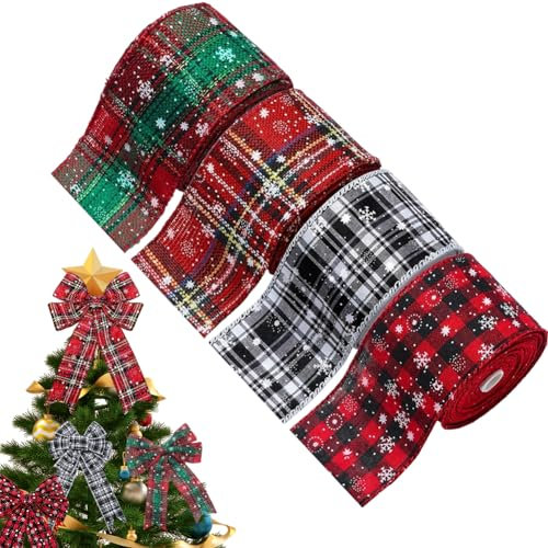 ISAKEN Schleifenband Weihnachten, 4 Rollen Farbig Kariert Gewebtes Band Set Geschenkband Weihnachten Weihnachtsbaum Dekoband für Feiertage Weihnachten Gastgeschenke