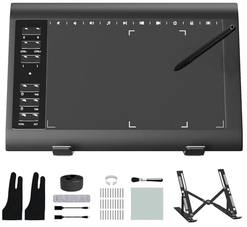 ienRon Grafiktablett, 25,4 x 15,7 cm, digitale Grafiktabletts für PC und Computer/Pad, batteriefreier Stift, 12 Hotkeys, kompatibel mit Windows/Android, inklusive Ständer, gute Geschenke, Schwarz