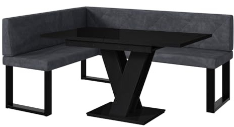 MEBLINI Eckbank für Esszimmer mit ausziehbarem Tisch - Küchenbank - Essecke - Sitzecke Küche - ERIC - U-Beine 128x168x87cm Links - Dunkelgrau Samt/M Schwarz Hochgl.