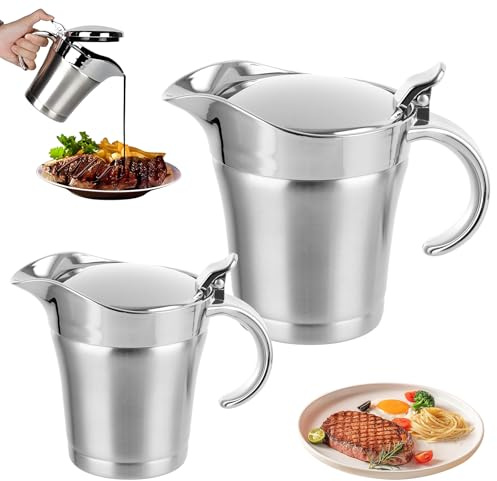 LDXDRU 2PCS (450ml & 750ml) Gravy Boat with Lid, Stainless Steel Gravy Jug