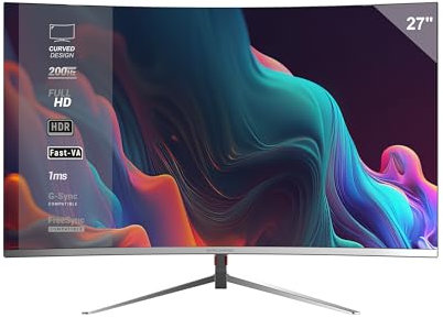 Mars Gaming MV-27C, Curved Gaming Monitor 27” FHD 1080p 200Hz, HDR10 1ms, FreeSync and G-Sync, Frameless PC Monitor, 20° Tilt, Low Blue Light and Flicker-Free, HDMI + DisplayPort + 3.5mm Jack, White