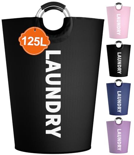 IHOMAGIC 125L Extra Groß Wäschesammler, Faltbarer Wäschekorb mit Softgriff, Ständer Aufrecht Wäschetonne Stoff, Vielseitig Aufbewahrungskörbe für Küche, Wohnstube, Kinderzimmer, Schwarz