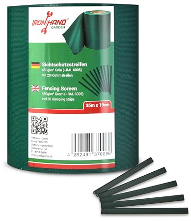 Ironhand Garden Sichtschutzstreifen 35 m x 19 cm | 450 gsm | blickdicht | wasserdicht | inkl. 20 Klemmstreifen | Zaunfolie für Doppelstabmattenzaun Garten Gartenzaun Sichtschutz Grün