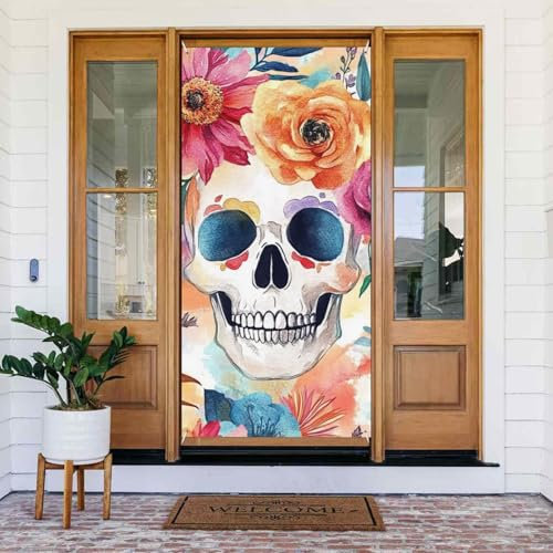 lohfxrgyjk Böhmische Türabdeckung, Aquarell-Blumenmuster, Türdekoration, Schädel-Banner, Innen- und Außendekoration, Partyzubehör, 90 x