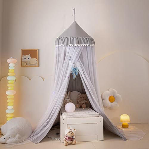 Lsimeru Rüschen Betthimmel Jungen Babybett Kinderbett Grau Rund Kuppel Doppellagig Baldachin Verdunkelung Kinderzimmer Himmelbett Vorhänge Baby Kinder Moskitonetz Bett Dekoration