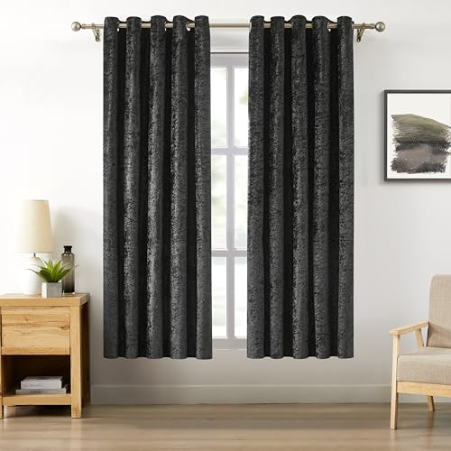 Bujasso Black Full Blackout Curtains 72 inch Eyelet Crushed Velvet with Blackout Lining Drapes for Living Room Bedroom Thermal Insulated Room Darkening Curtains 2 Panels Grommet Top W66xL72