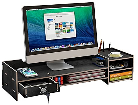 Fällbart bord, bricka, nattduksbord, laptopbord, bildskärmsstativ i trä med låda, skrivbord trevligare för dator, skrivare, TV, kontor, skrivbord, bildskärmsplattform (svart)