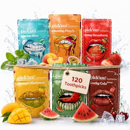 pick'em Zahnstocher mit Geschmack 6-Pack XXL [120x ZAHNSTOCHER MIT GESCHMACK] - Minze, Mango, Cola, Wassermelone, Pfirsich, Erdbeere - Zahnstocher mit Geschmack - aromatisierte Zahnstocher | Minze, Mango, Cola, Wassermelone, Pfirsich & Erdbeere, zuckerfrei & vegan. Aromatisierte Holz-Zahnstocher als Snack
