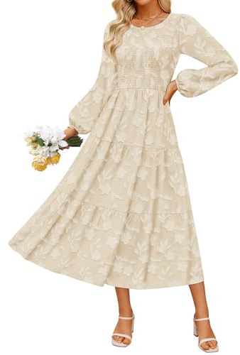 ZESICA Women's Fall Boho Floral Midi Dress 2026 Casual Long Sleeve Crewneck Flowy Wedding Guest Long Dresses,Apricot,Small