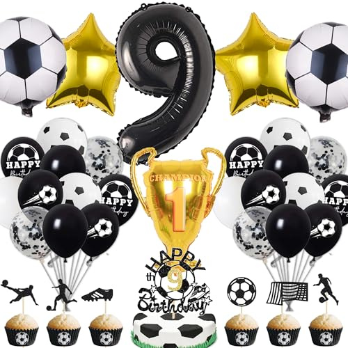 Fussball Deko Geburtstag Kinder 9 Jahre Junge - 9. Geburtstagsdeko Luftballons Fußball Folienballon, Tortendeko und XXL Zahlenballon zum Kindergeburtstag Party Dekoration