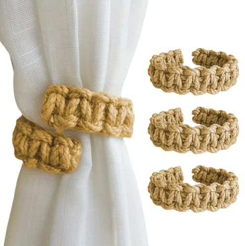 Ensemble de 3 attaches de rideaux, corde de chanvre décorative de 25 cm, tissée à la main, style bohème élégant, convient pour la maison et le bureau (marron).