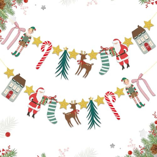 EASY JOY 2 Stück Hängende Papiergirlande Christmas Weihnachtsbanner Weihnachtsdeko Innen mit Weihnachtsmann Rentier Elfen und Süßigkeiten für Weihnachten Neues Jahr Zuhause Partyzubehör