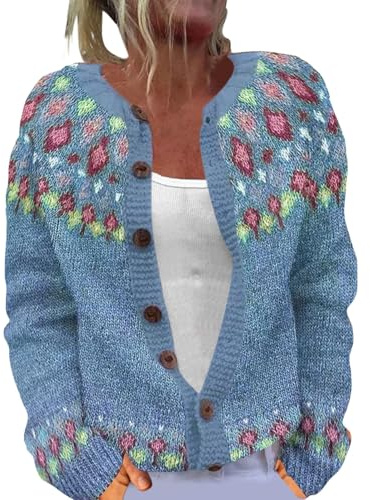Cardigans for Women UK Fair Isle Nordic Patterned Sweater Long Sleeve Crew Neck Cardigan Jacket for Autumn and Winter