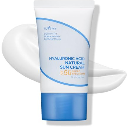 ISNTREE Hyaluronic Acid Natural Suncream SPF 50, Mineral Sunscreen, Gentle Tone-Up Effect, Hydrating Daily Sun Cream, Sensitive Skin Friendly, Korean Skincare, 50ml
