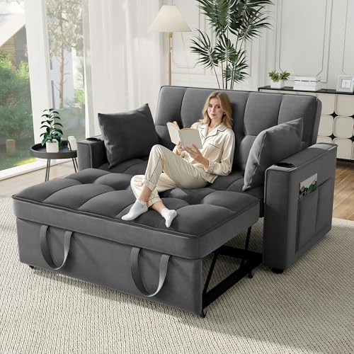 Sofá cama de 2 plazas convertible, sofá cama cama, sofá cama plegable, sofá multifuncional con función de cama, sofá cama con portavasos y almohada, adecuado para el salón, dormitorio, gris