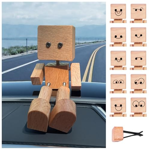 Wackelfigur Auto Holzfiguren,lustige Wackelfigur-Auto-Armaturenbrett-Dekoration, Handgefertigte Holz Wackelfigur Ornamente mit 12 Magnetische Emoticons, Kleines Puppengeschenk für das Herrenbüro (B)