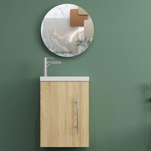 AICA Mueble con Lavabo,44 x 23 x 60 cm, Mueble de baño para Colgar en la Pared,diseño de Dos cajones, Acabado en Roble, con Lavabo Blanco. Mobiliario Moderno.