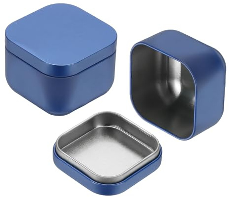 Uxcell 2 Pcs Square Tin Can with Lids, 2.2 x 2.2 x 1.7 Small Metal Tins Loose Leaf Tea Storage for Storing Cookies Candies Coffee Tea Spice Gifts Candles DIY Travel Storage, Blue