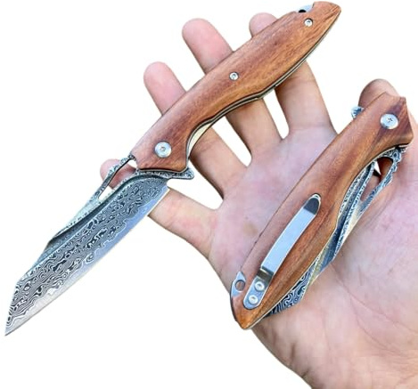 Obespina couteau pliant acier damas noir manche bois collection custom style japonais cadeau homme fête père tranchant forge artisanat edc camping poche extérieur randonnée liner lock roulement bille