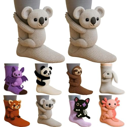 Djurstrumpor kvinnor tonårsflicka gåvor varma och mjuka nyhet 3D-stickade roliga sengångare djur kramstrumpor söt sengångare, kanin, panda, axolotl och fler djurdesigner för män och kvinnor, Grå, one