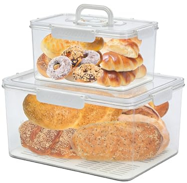 Hynorian Set di 2 contenitori per il pane, trasparenti, ermetici con coperchio, in plastica, per pane, dolci, toast e biscotti, da cucina