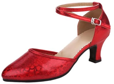 Scarpe da Ballo Donna Eleganti 35-43 EU in Pelle con Tacco Medio, Punta Chiuse e Cinturino alla Caviglia Sandali Estive Comode Casual per Lavoro, Latino Americano, Cerimonie, Feste,Rosso,41