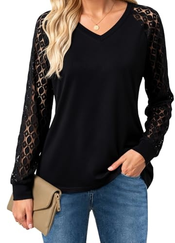BSBUY Svarta blusar för kvinnor med V-hals damer stiliga ihåliga kammad spets långärmade toppar kvinnor sommar vardaglig lykta ärm mode t-shirts för arbetsfest bankett daglig semester