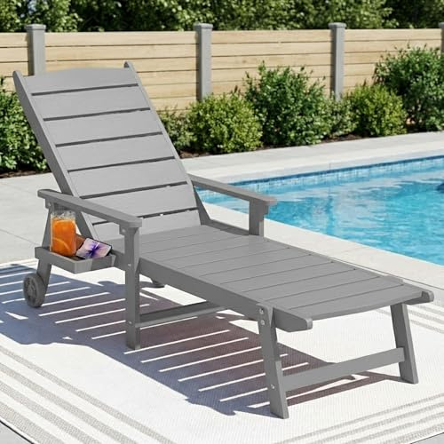 BIXUYOU Outdoor-Liegestuhl mit Rollen, 2 m Lange Sonnenliege, 5-Fach verstellbare Rückenlehne (Flache Liegeposition), ausklappbares Seitentablett, wetterfest, für Pool, Terrasse und Strand