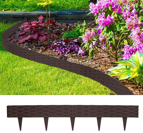 TATIVALO Rasenkante Kunststoff 20m Rattan-Optik Braun 20 Stück Gartenkante | Beetbegrenzung Beetumrandung Palisade, Randsteine, Fencepane,Gartenpalisade, Beetzaun,Wetterfest & UV-beständig